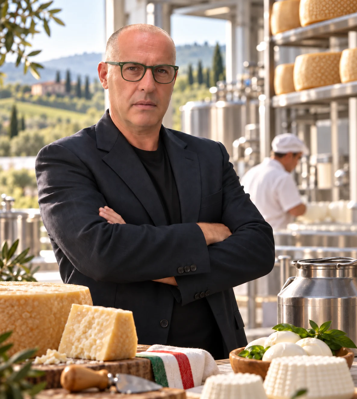 Donvito Nicola en la quesería, delante de hormas de queso y tinas de acero