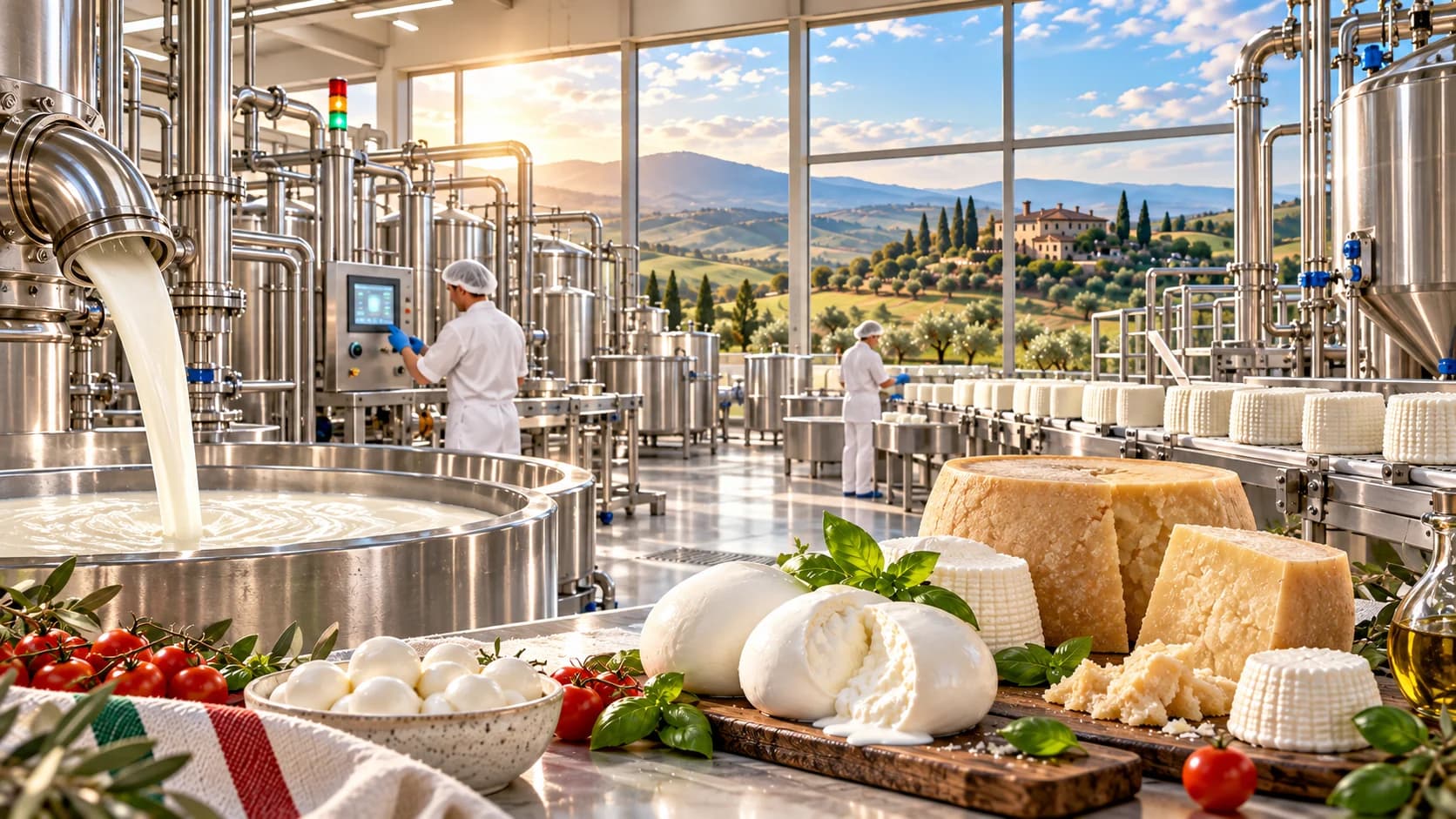 Quesería italiana en funcionamiento: leche cayendo en la tina, mozzarella, ricotta y queso curado en primer plano, colinas y olivos tras los ventanales