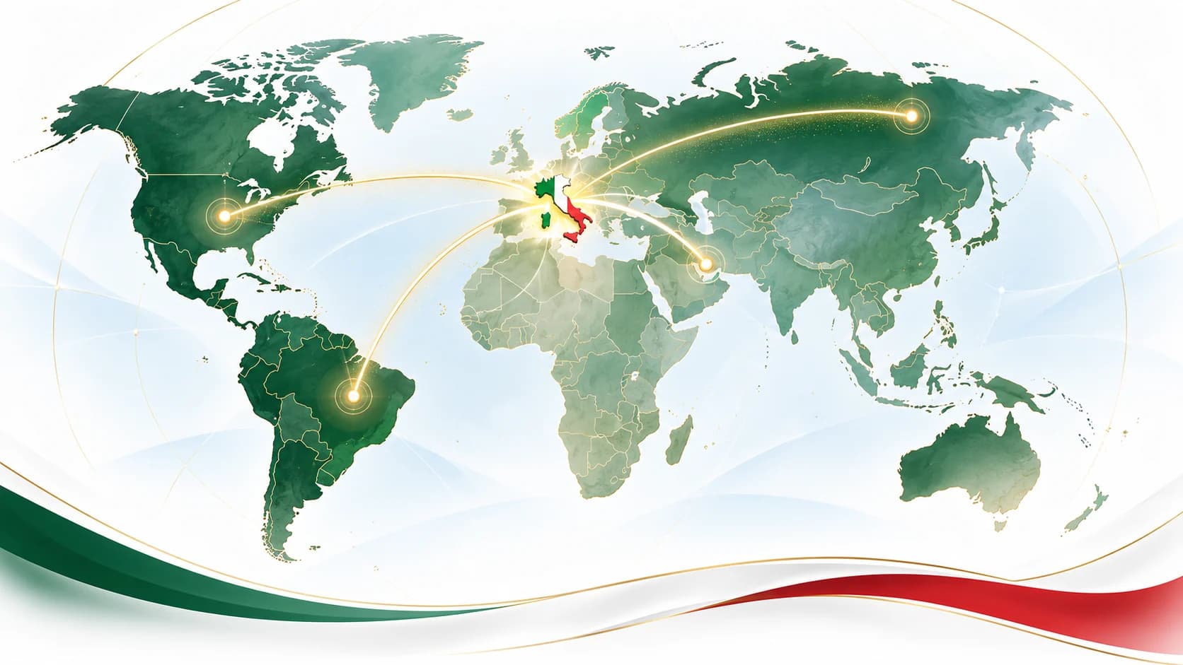 Mapa ilustrado: desde Italia salen rutas hacia América Latina, Estados Unidos, Medio Oriente y Rusia
