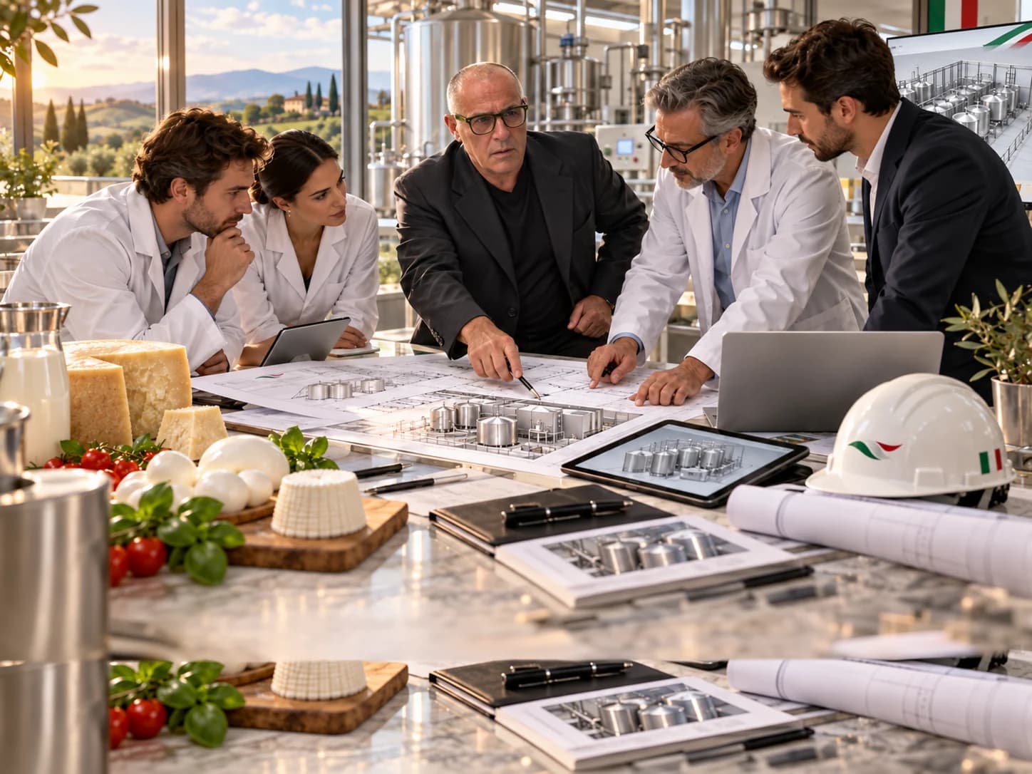 Donvito y un grupo de técnicos estudian el plano de una quesería, con tablet y renders de los equipos