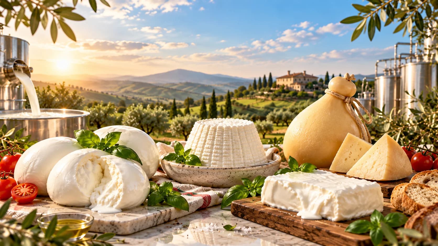 Mozzarella, burrata, ricotta, caciocavallo y queso fresco sobre una mesa frente a las colinas italianas
