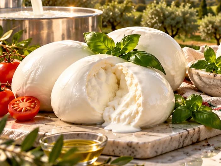 Mozzarella y burrata abierta, con el corazón cremoso derramándose sobre la tabla