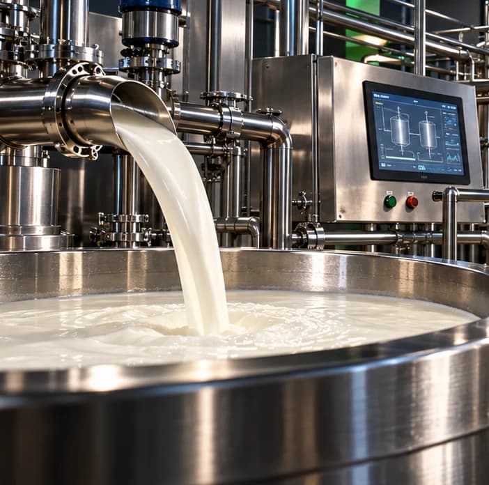 Leche que cae del tubo de acero en la tina de elaboración, junto al panel de control