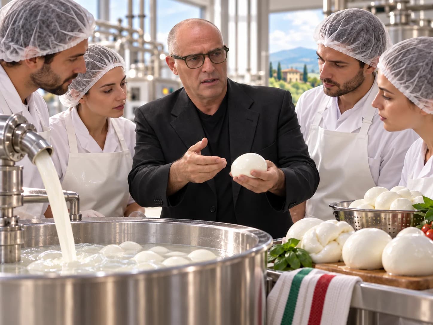 Donvito explica la elaboración de la mozzarella a cuatro operarios en producción