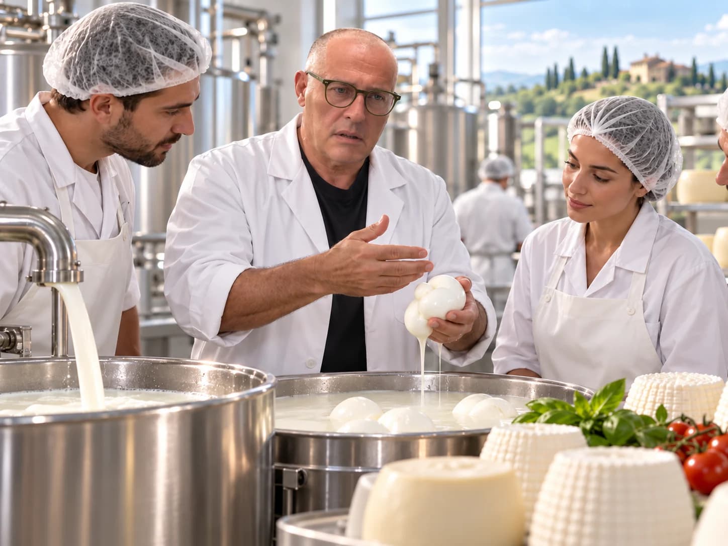Donvito, con bata blanca, muestra una mozzarella recién hilada a tres operarios junto a la tina de leche